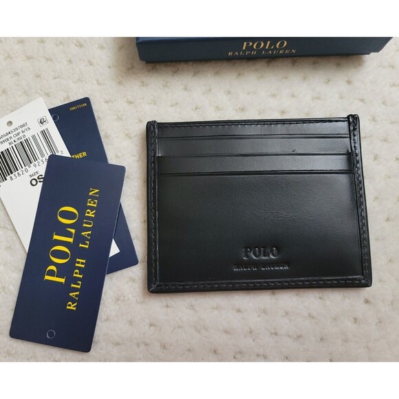 Polo Ralph Lauren Black Red Leather Card Case Wallet Pony Logo Print & Gift Box - Picture 3 of 3